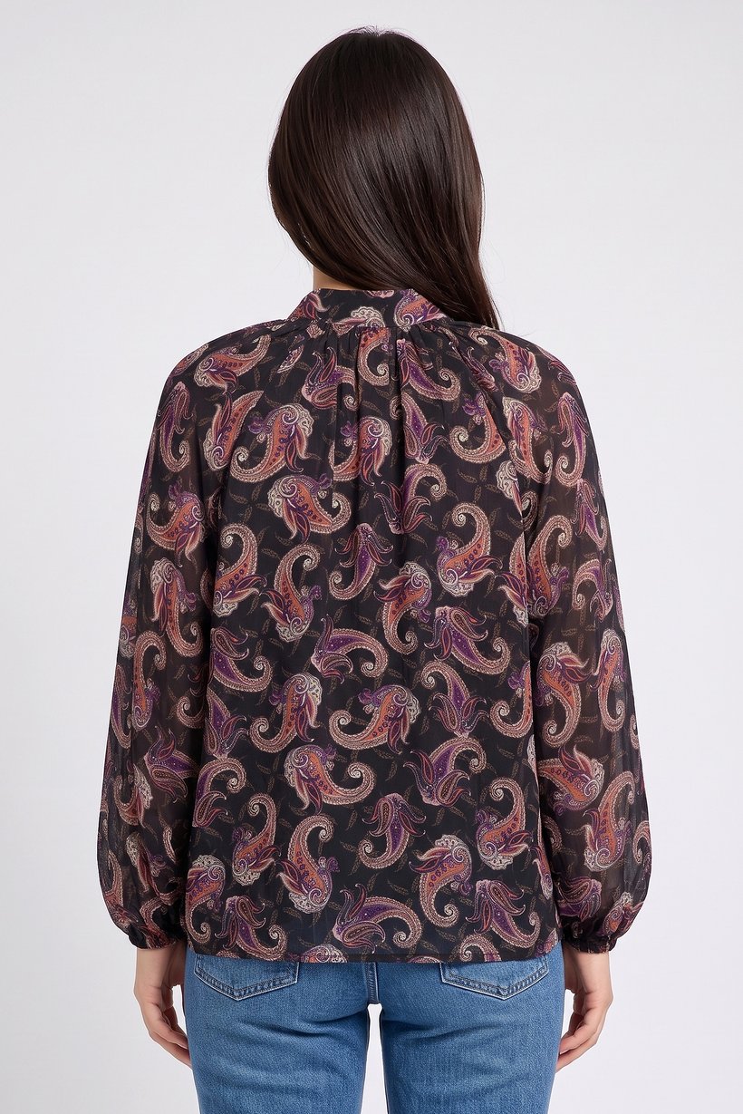 Women Round Neck Paisley Print Long Sleeve Blouse, Multicolor