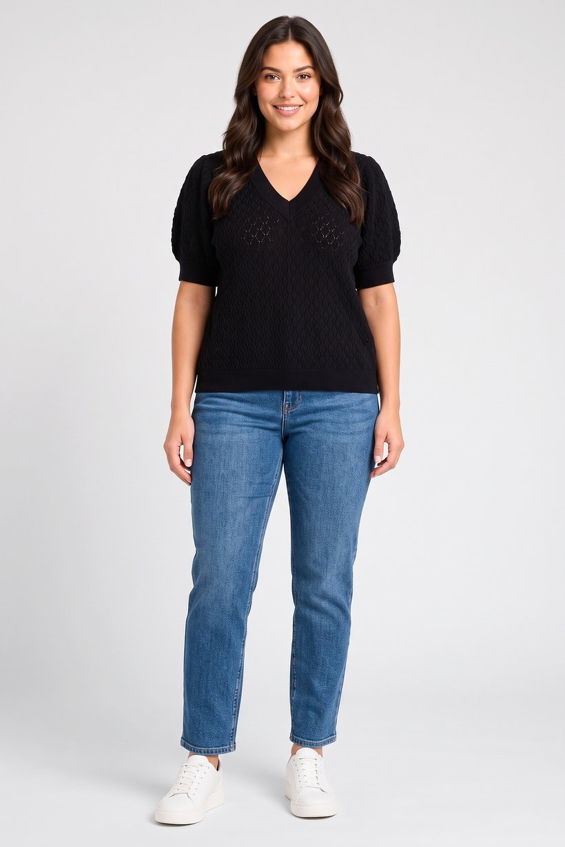 Women V-Neck Knitted Sweater, Black