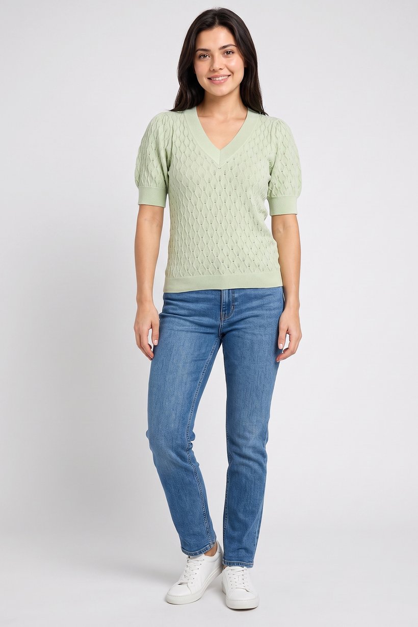 Women V Neck Short Sleeve Textured Top, Light Green