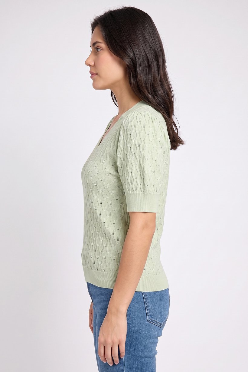 Women V Neck Short Sleeve Textured Top, Light Green