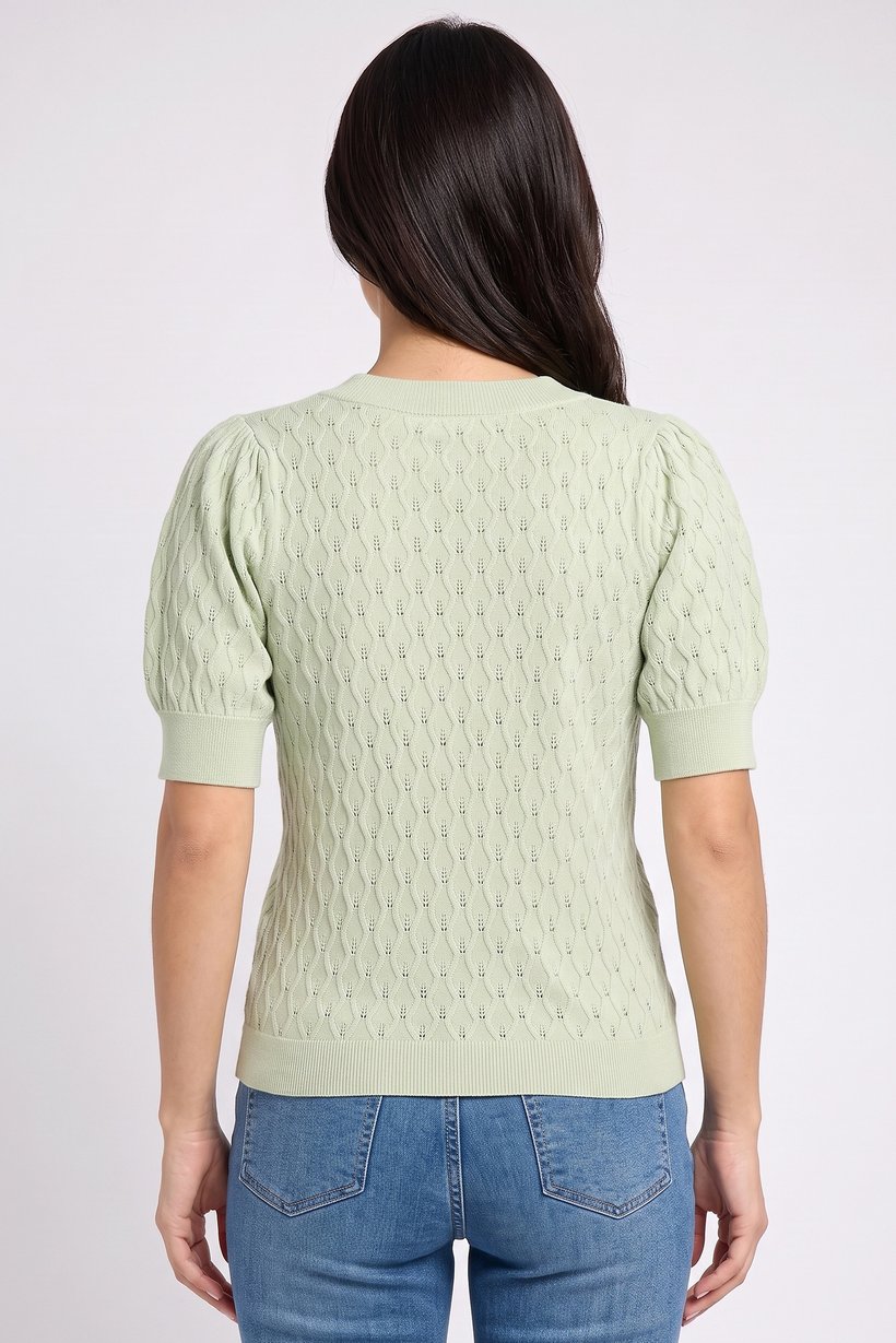 Women V Neck Short Sleeve Textured Top, Light Green
