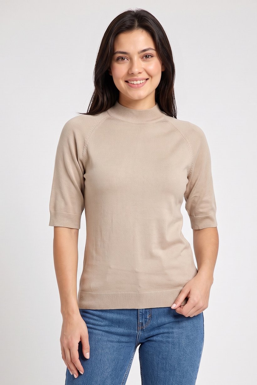 Women Monk Neck Knitted Sweater, Tan