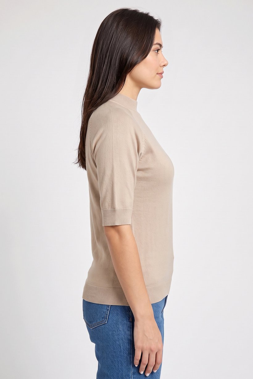 Women Monk Neck Knitted Sweater, Tan