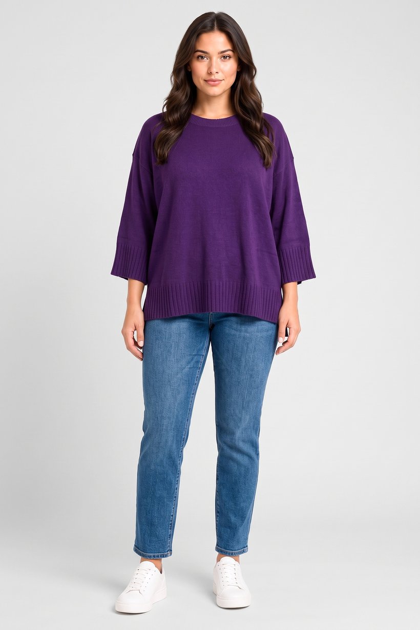 Women Crew Neck Knitted Sweater, Purple
