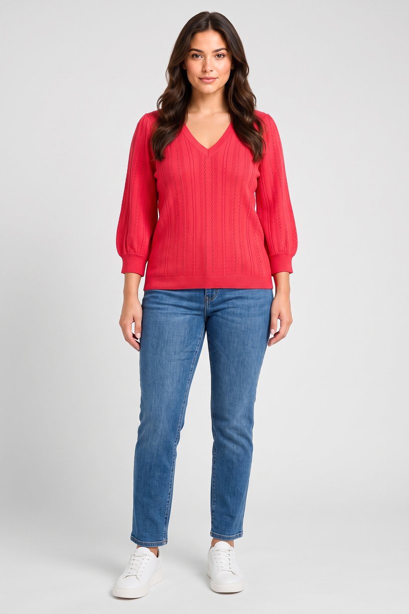 Women V-Neck Kitted Sweater, Fuchsia