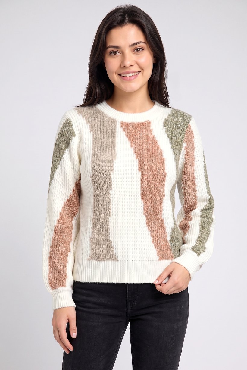 Women Crew Neck Knitted Long Sleeve Sweater, Multicolor