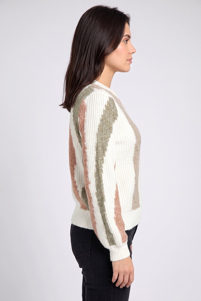 Women Crew Neck Knitted Long Sleeve Sweater, Multicolor