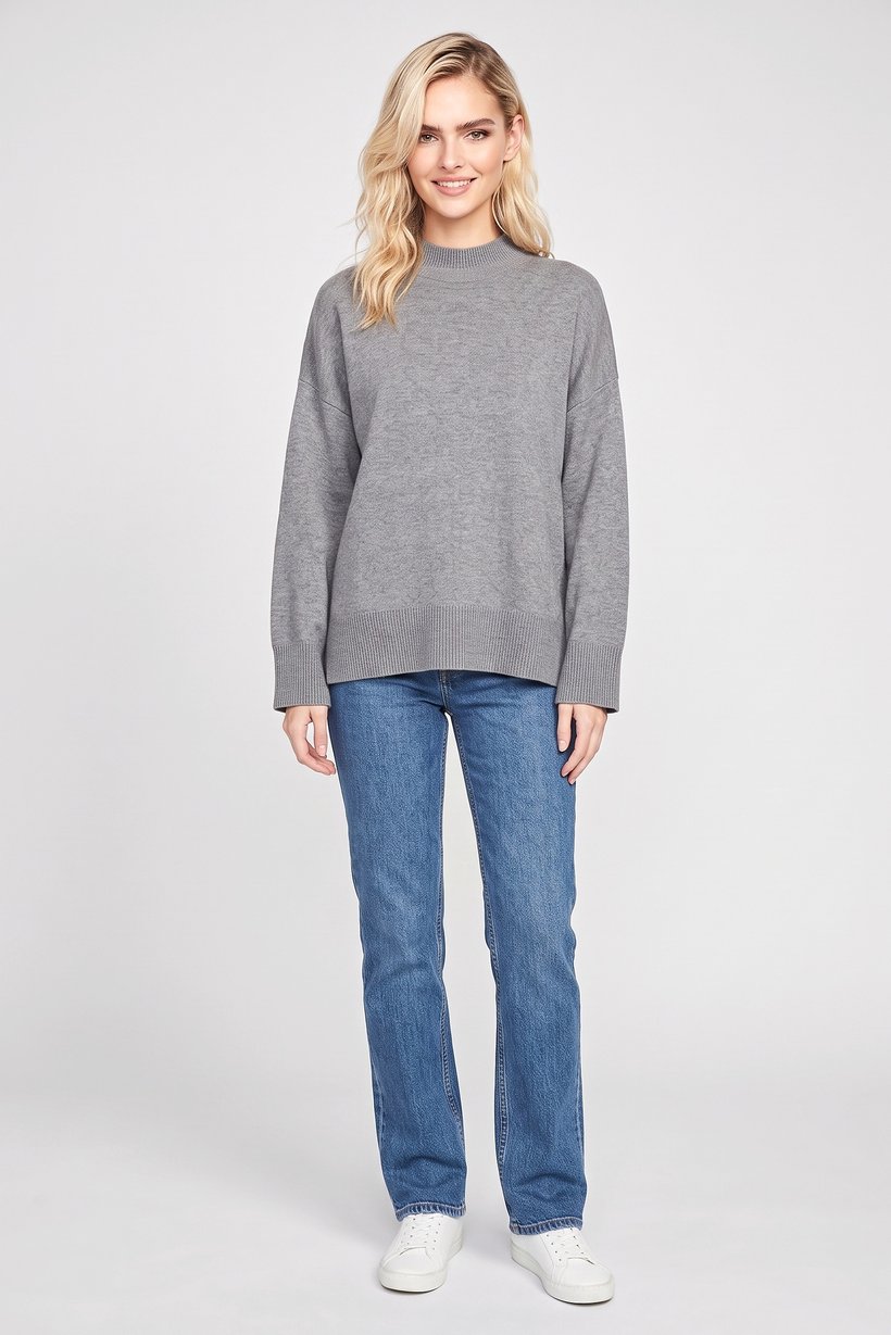 Women Mock Neck Knitted Sweater, Grey