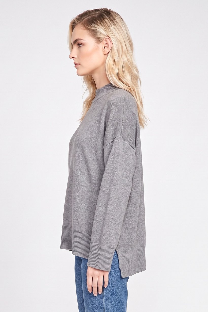 Women Mock Neck Knitted Sweater, Grey