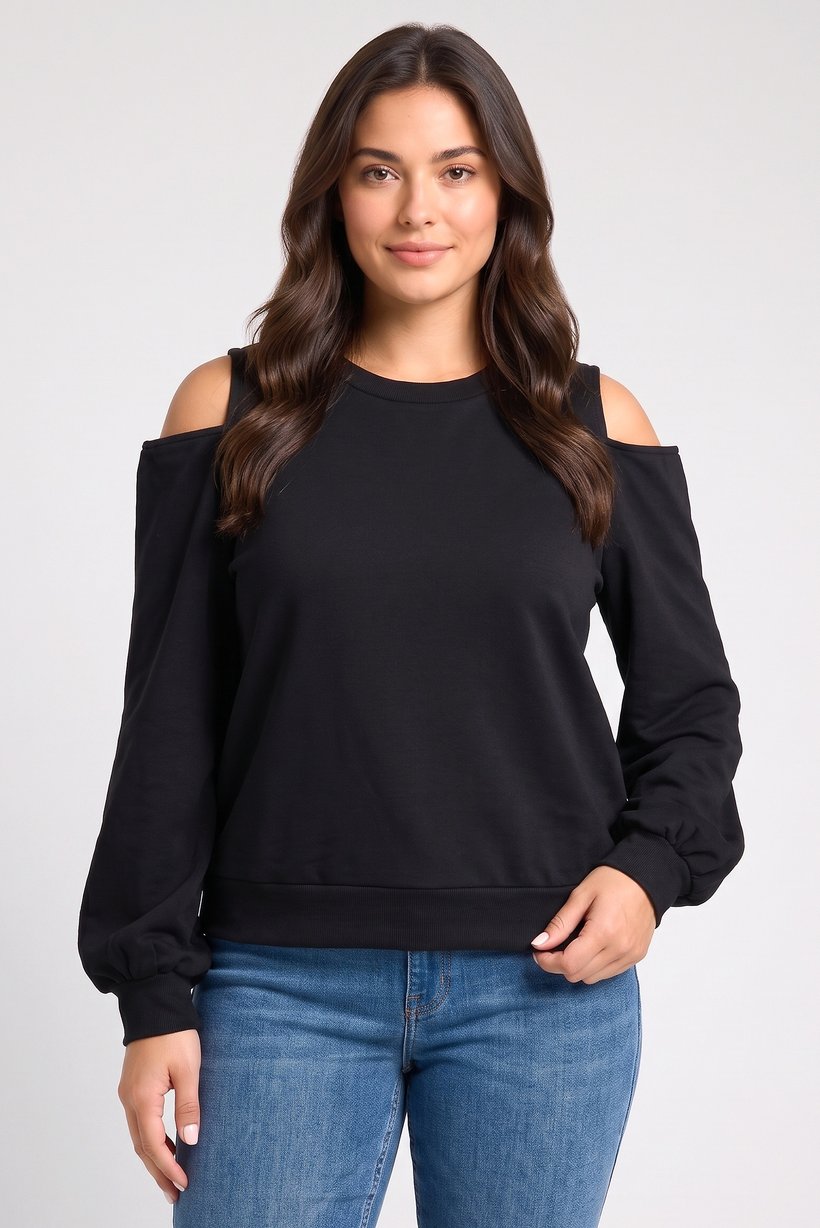 Women Crew Neck Cold Shoulder Plain Sweatshirt, Black