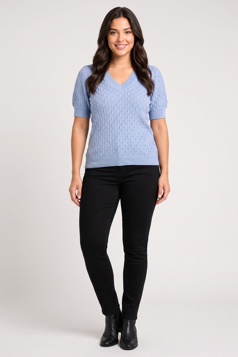 Women V Neck Short Sleeve Eyelet Top, Blue
