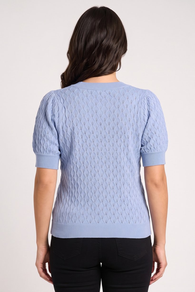 Women V Neck Short Sleeve Eyelet Top, Blue