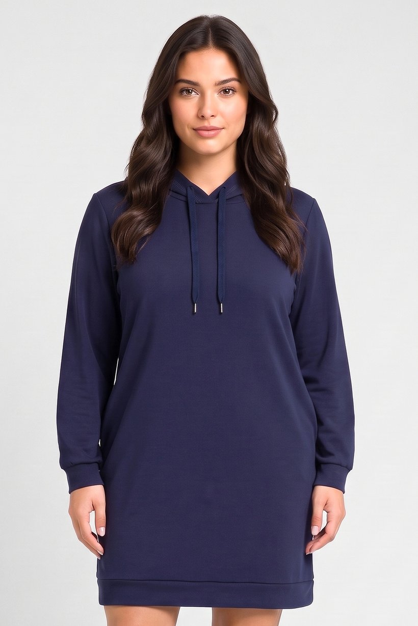 Women Curvy Fit Solid Hooded Sweater Dress, Navy