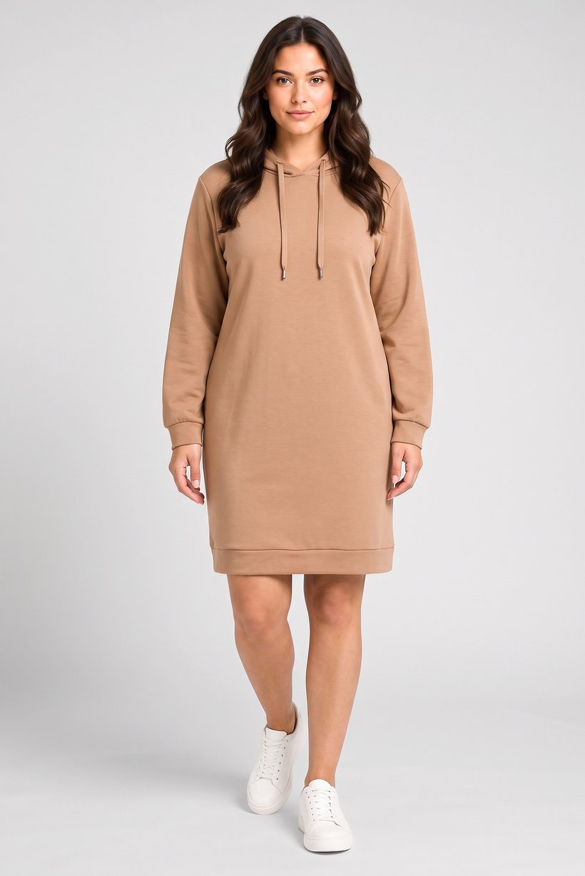 Women Solid Hooded Sweater Dress, Dark Beige