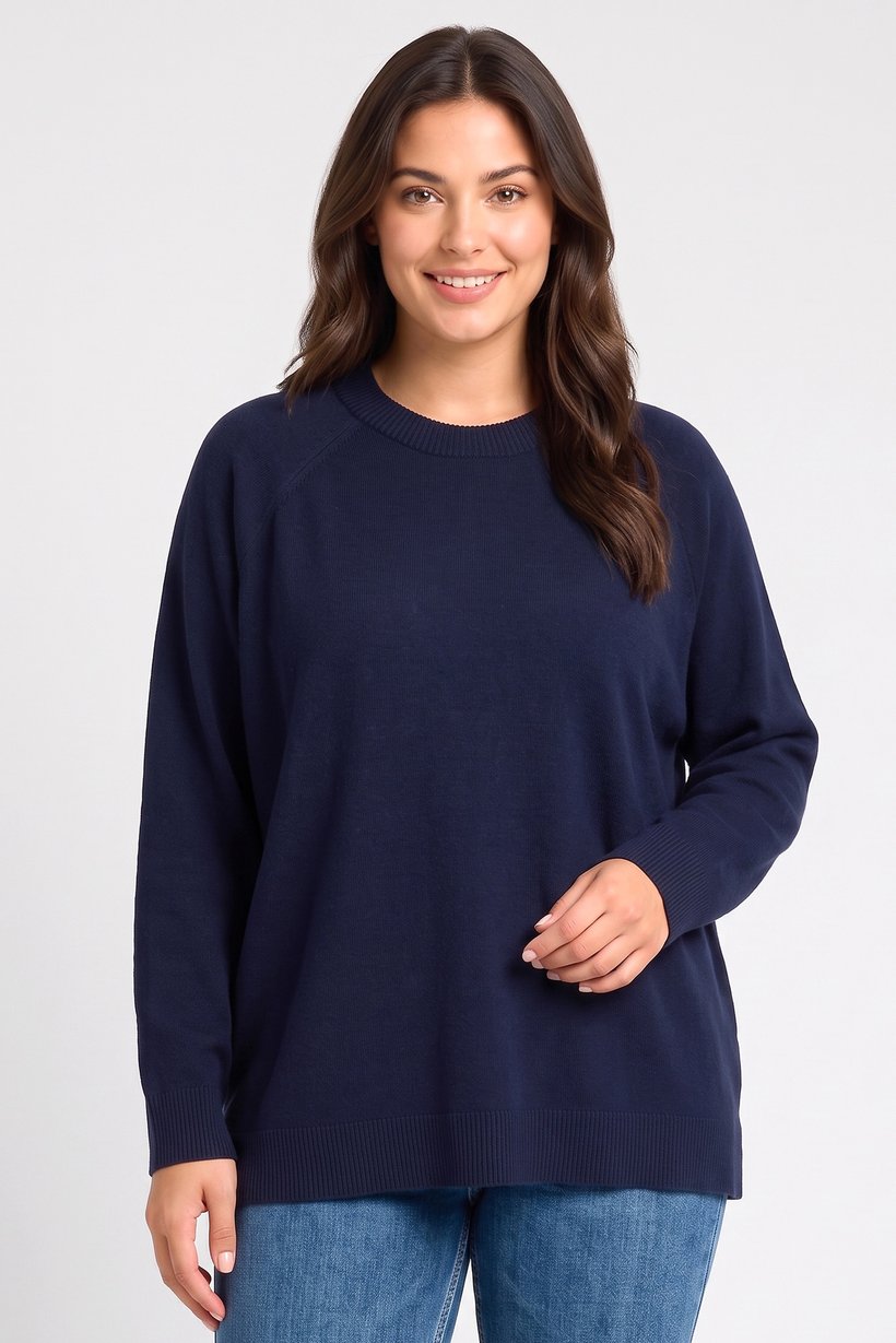 Women Crew Neck Knitted Sweater, Navy