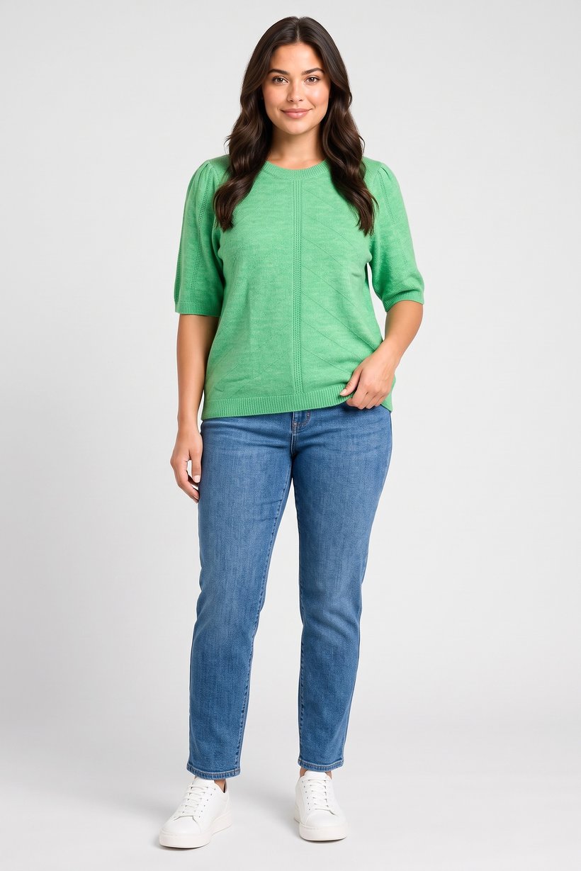 Women Curve Ribbed Neck Textured Sweater, Green
