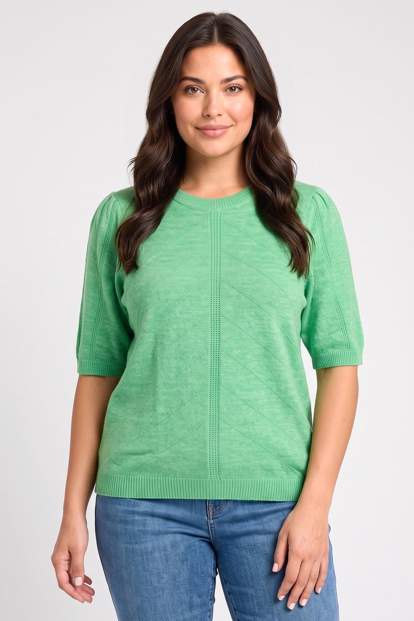 Women Curve Ribbed Neck Textured Sweater, Green