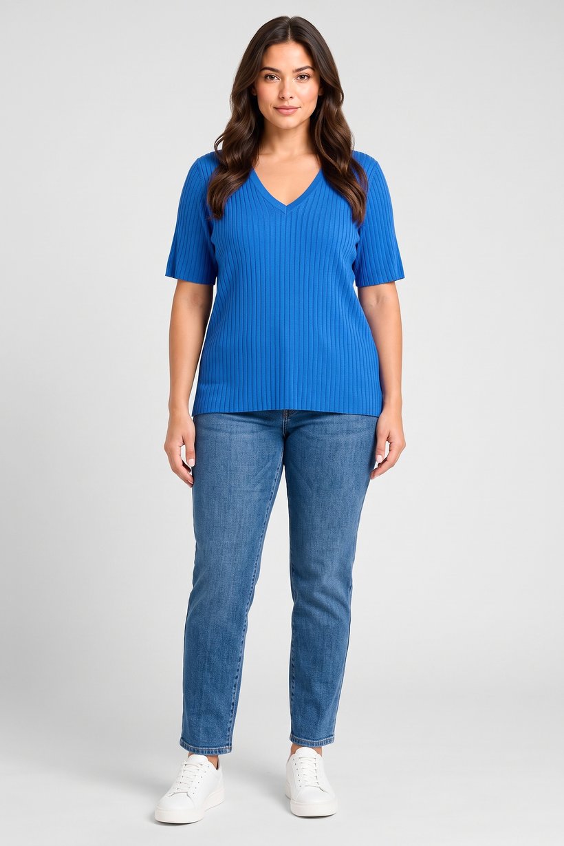 Women V-Neck Ribbed Sweater, Blue