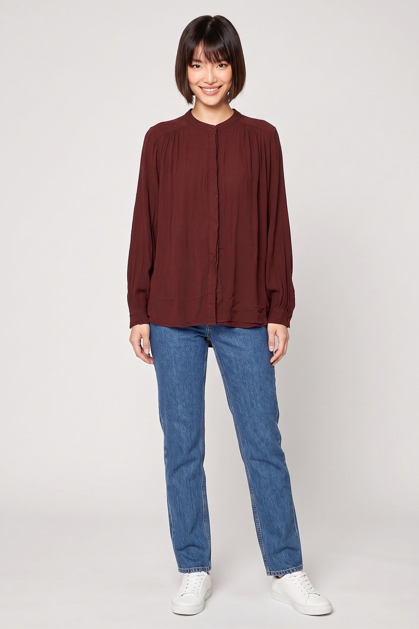 Women Stand Collar Textured Long Sleeve Shirt, Brown