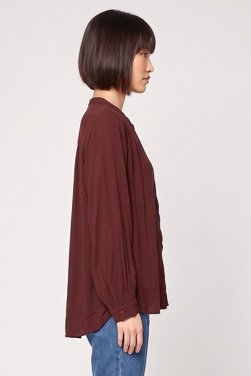 Women Stand Collar Textured Long Sleeve Shirt, Brown
