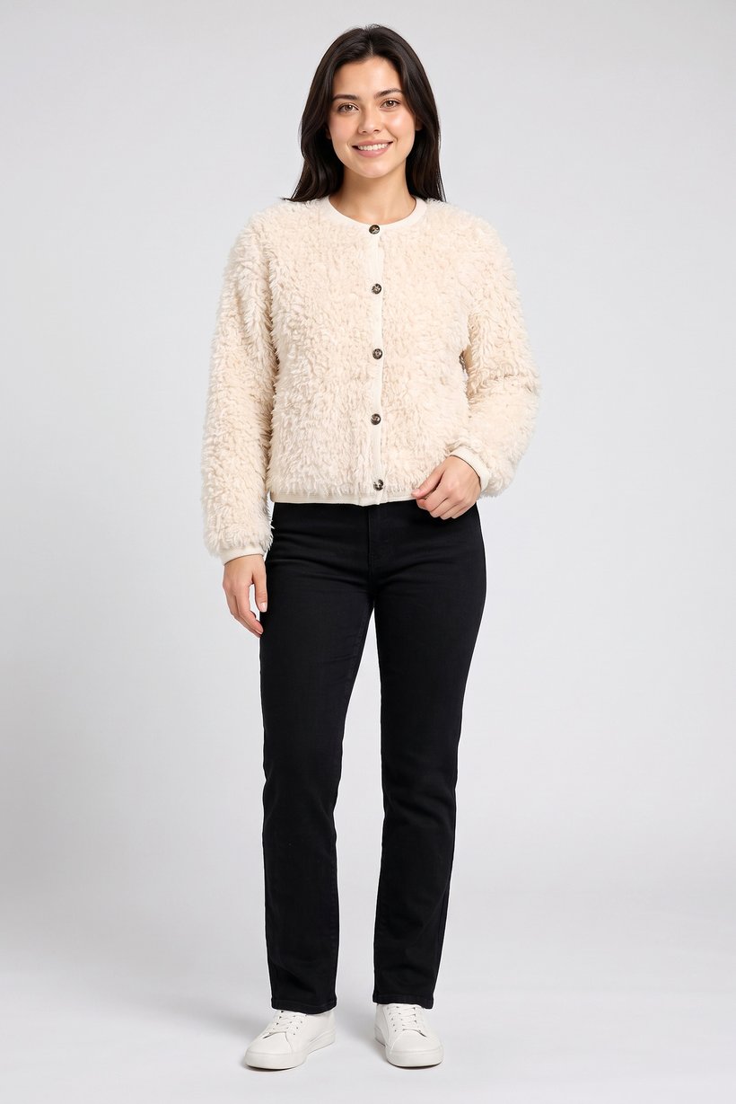 Women Crew Neck Textured Cardigan, Beige