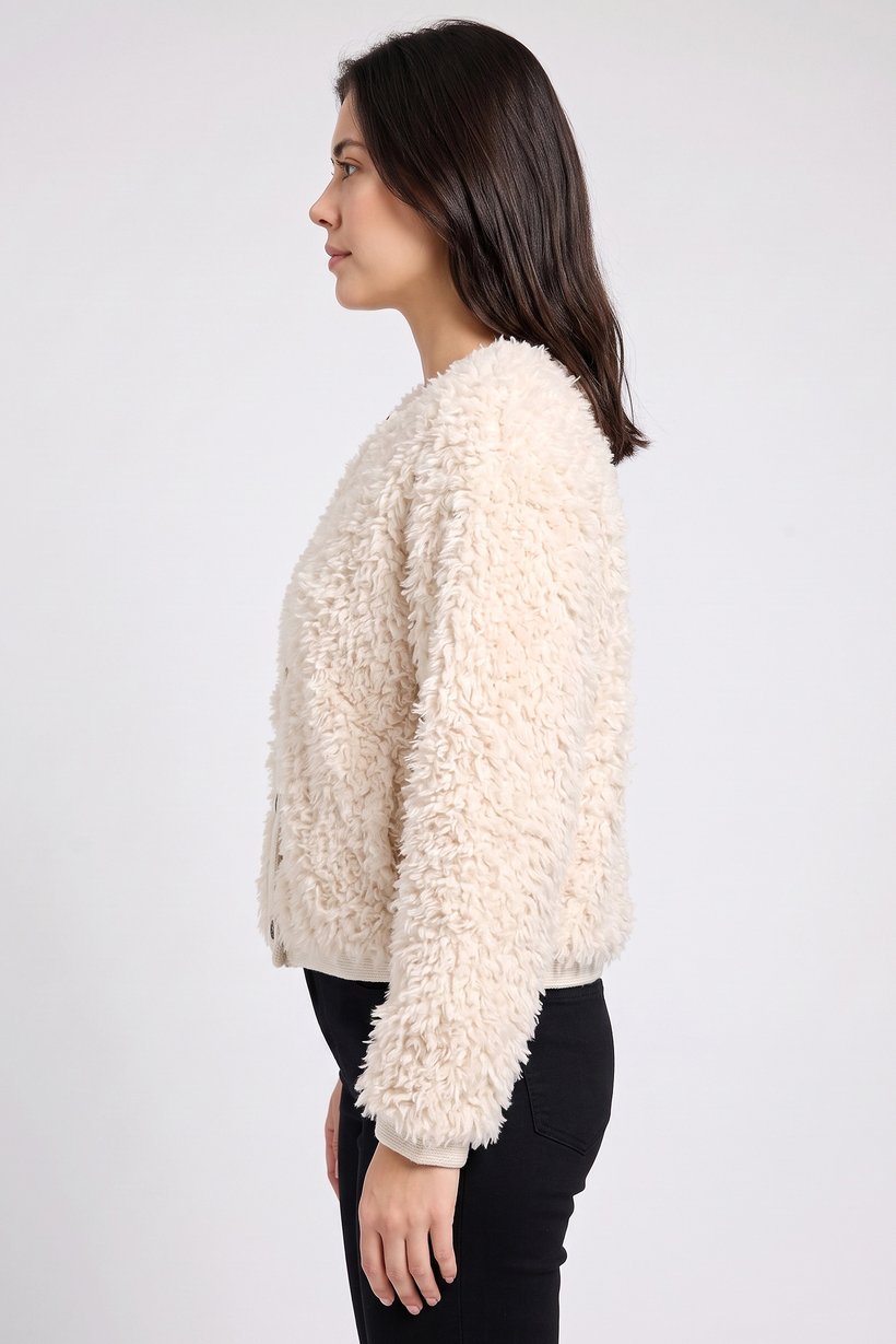 Women Crew Neck Textured Cardigan, Beige