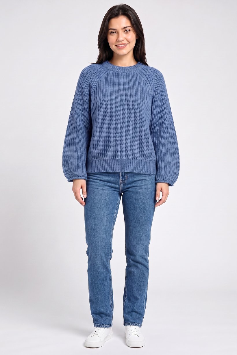 Women Crew Neck Crochet Sweater, Blue