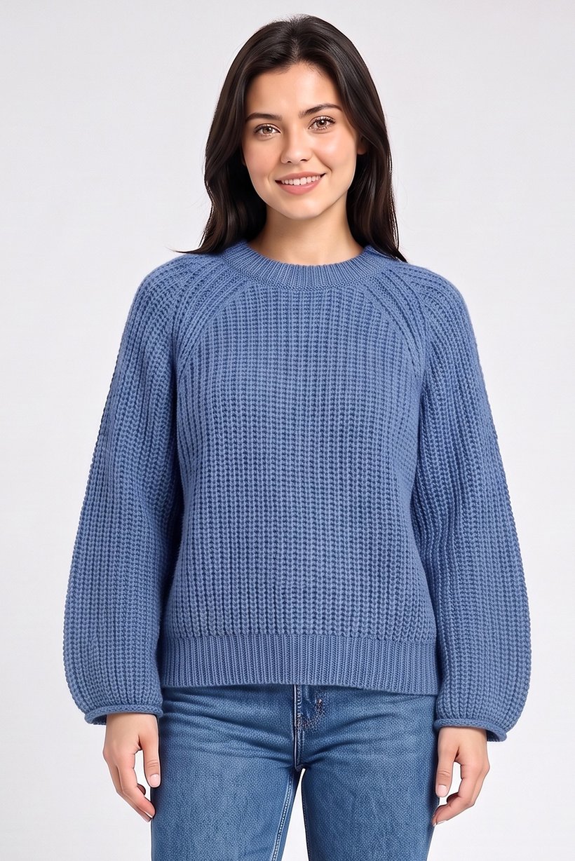 Women Crew Neck Crochet Sweater, Blue