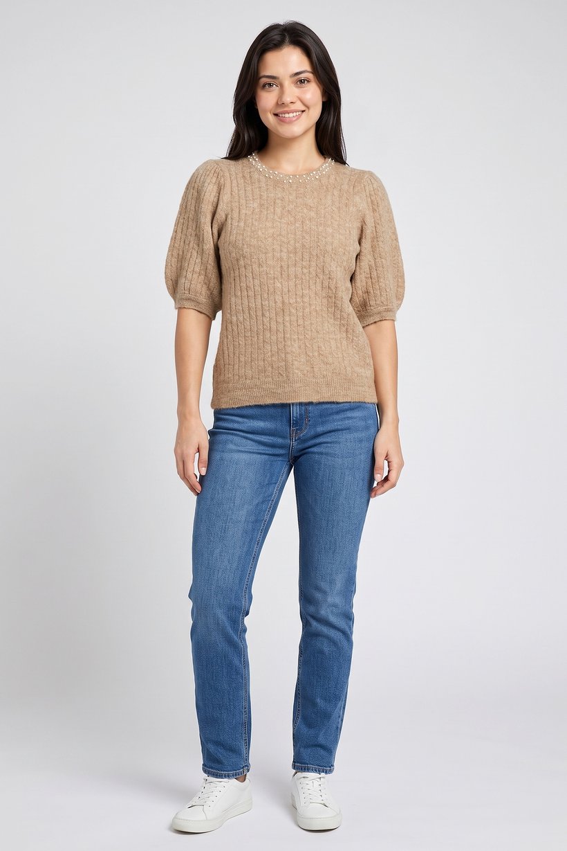 Women Round Neck Knitted Sweater, Dark Beige