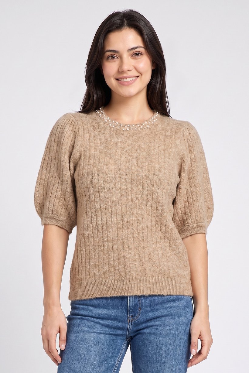 Women Round Neck Knitted Sweater, Dark Beige