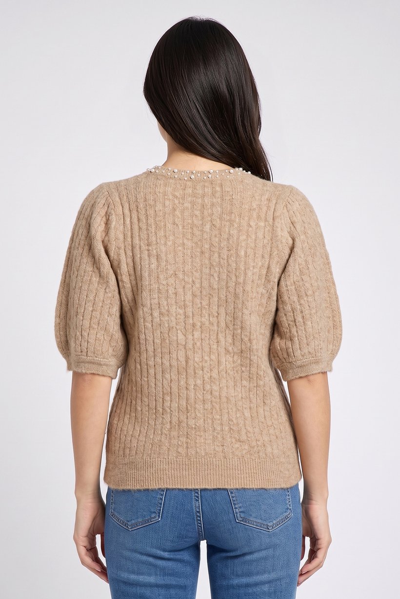 Women Round Neck Knitted Sweater, Dark Beige