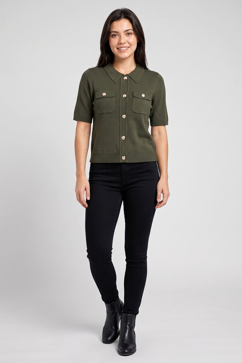 Women Spread Collar Short Sleeve Knitted Top, Olive