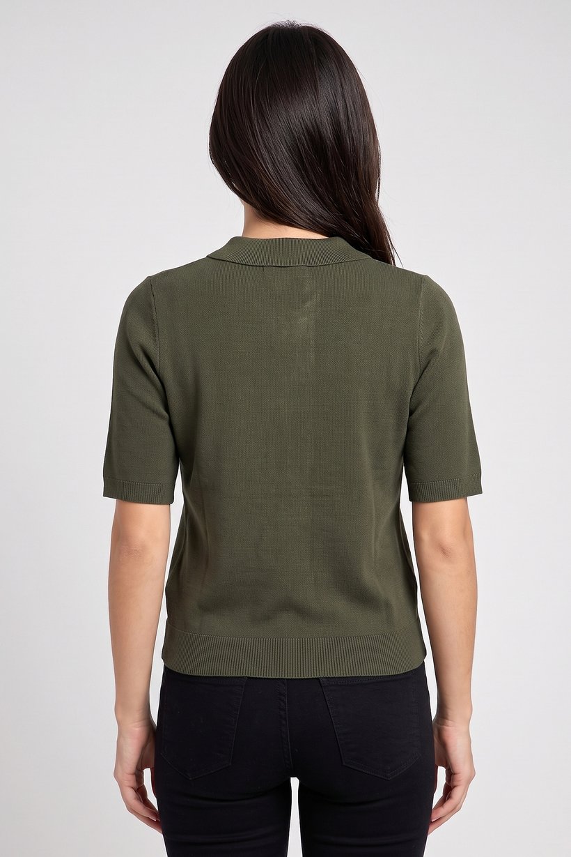 Women Spread Collar Short Sleeve Knitted Top, Olive