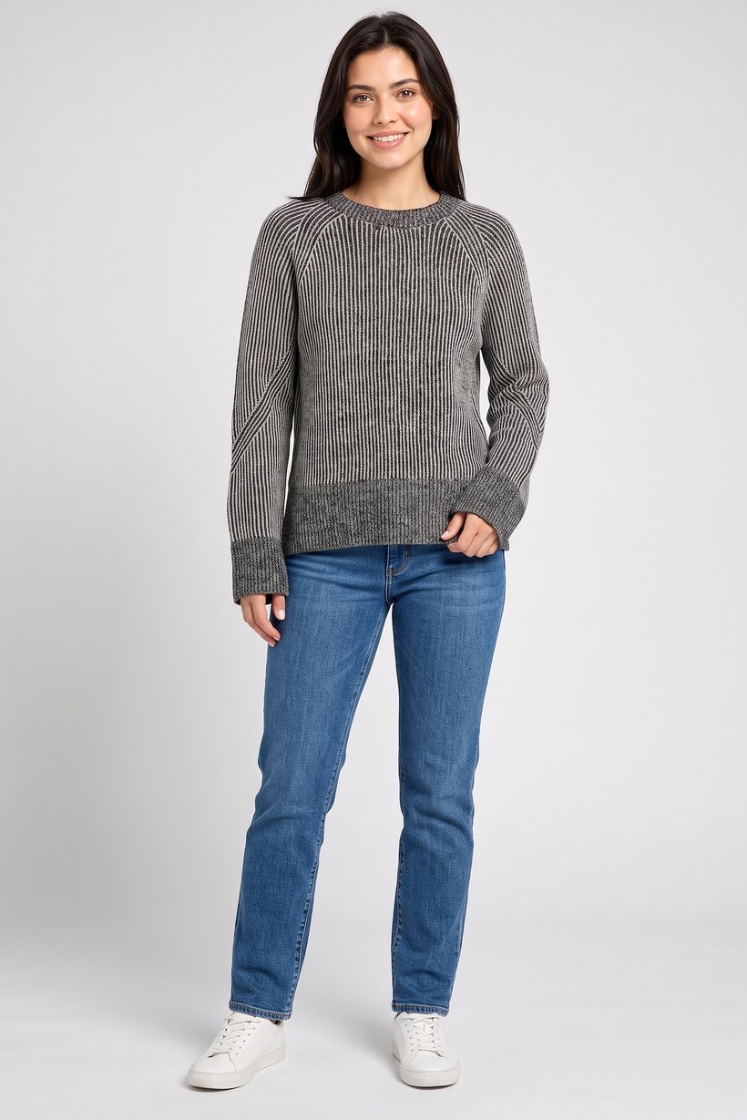 Women Crew Neck Knitted Sweater, Grey