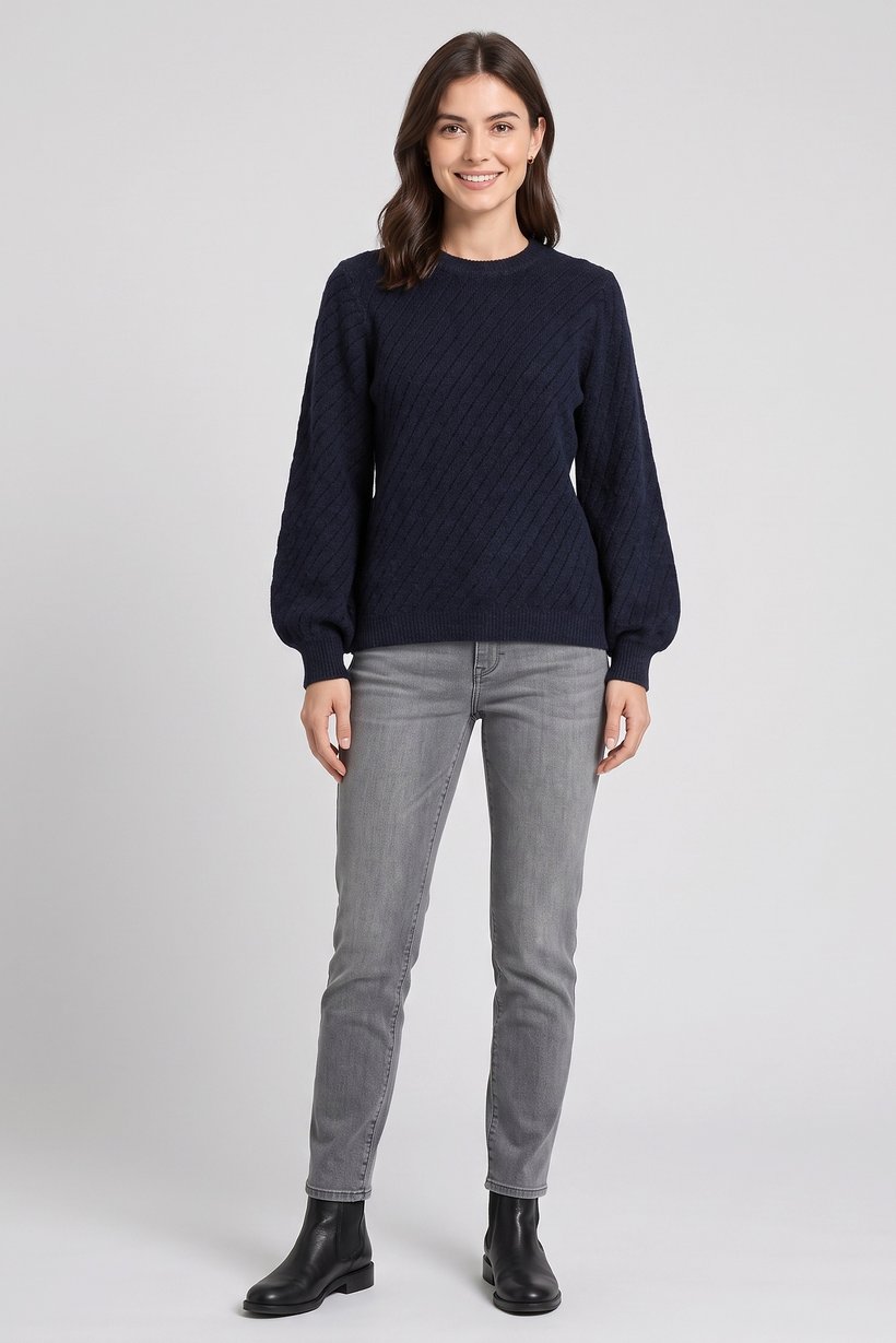 Women Crew Neck Long Sleeve Knitted Sweater, Navy