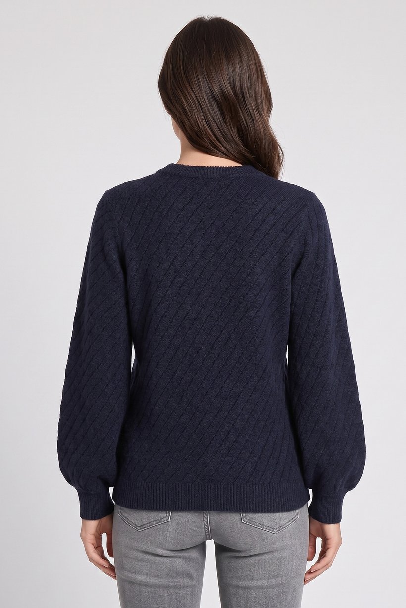 Women Crew Neck Long Sleeve Knitted Sweater, Navy