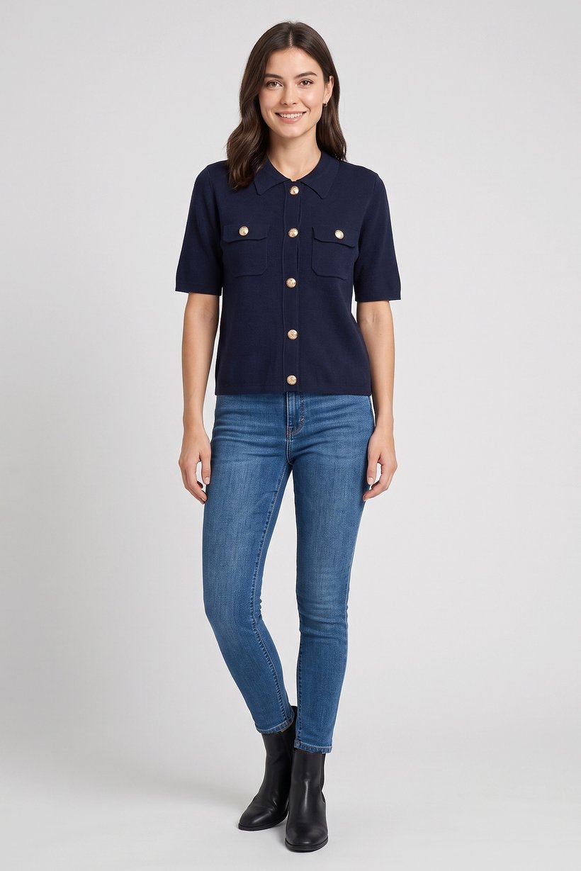 Women Spread Collar Short Sleeve Knitted Top, Dark Navy