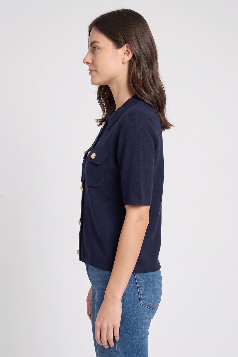 Women Spread Collar Short Sleeve Knitted Top, Dark Navy