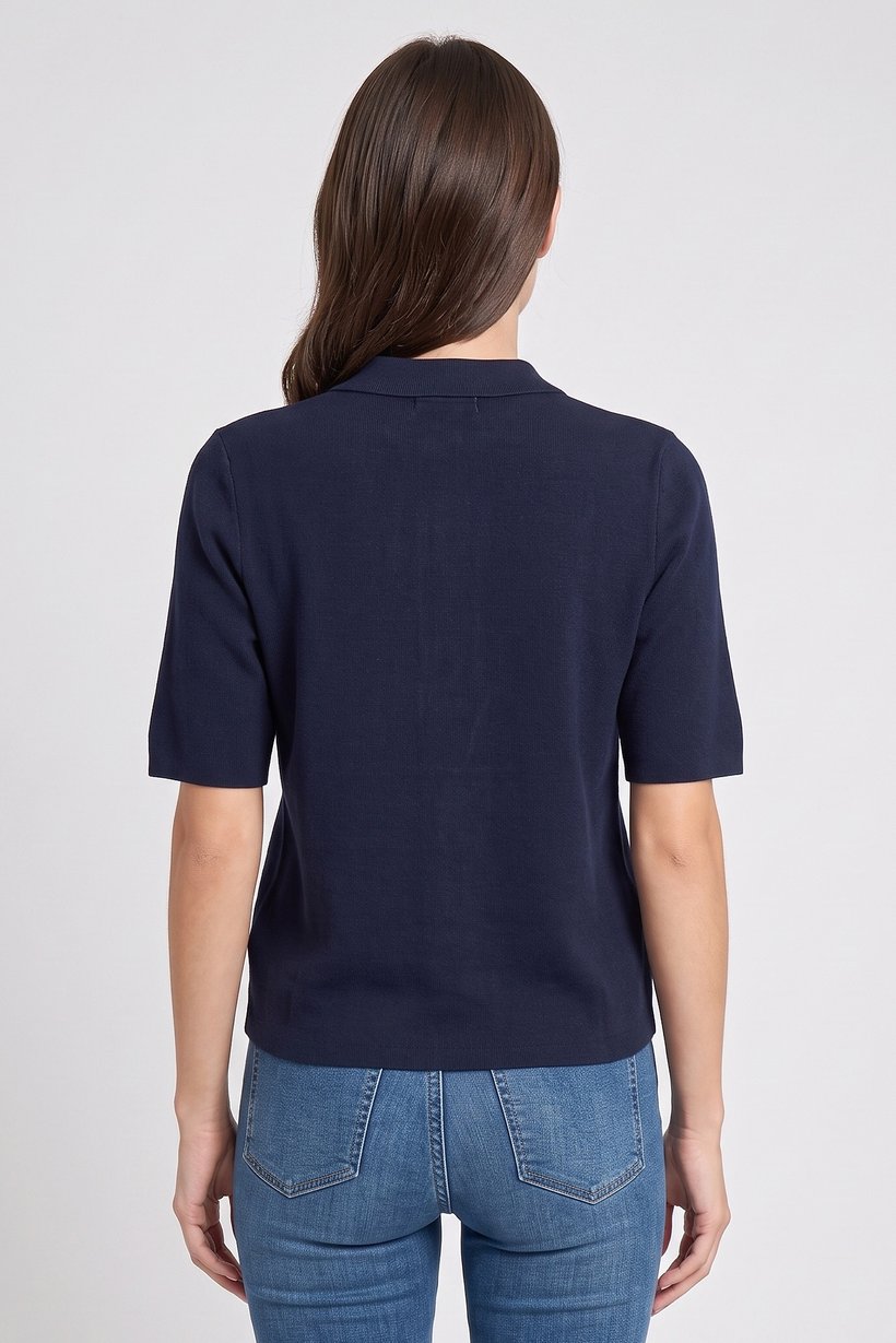 Women Spread Collar Short Sleeve Knitted Top, Dark Navy