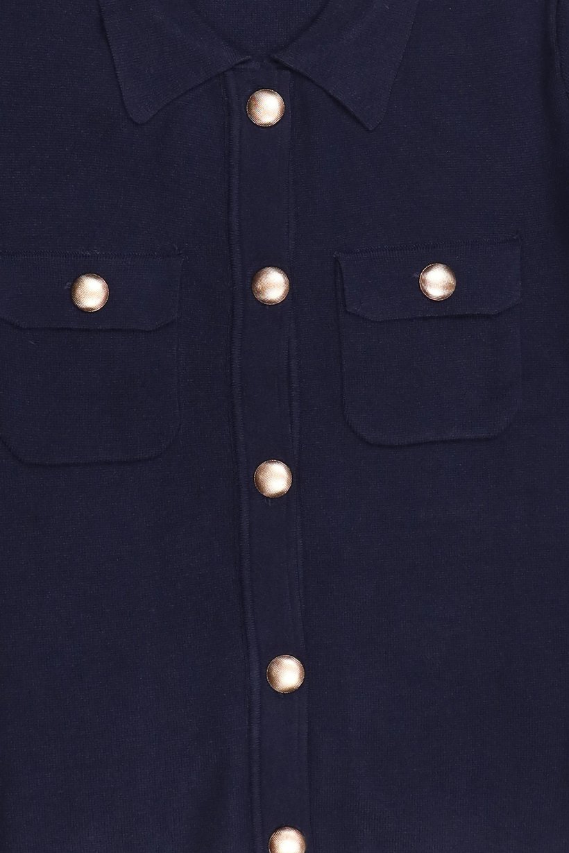 Women Spread Collar Short Sleeve Knitted Top, Dark Navy