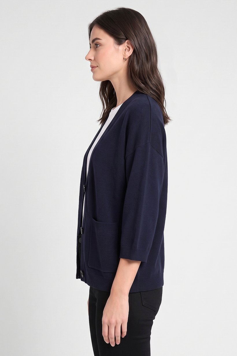 Women V-Neck Textured Cardigan, Navy