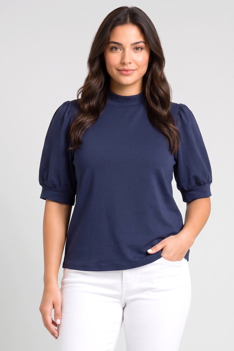 Women Mock Neck Short Sleeve Solid Top, Navy