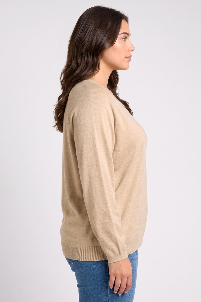 Women V-Neck Textured Sweater, Tan