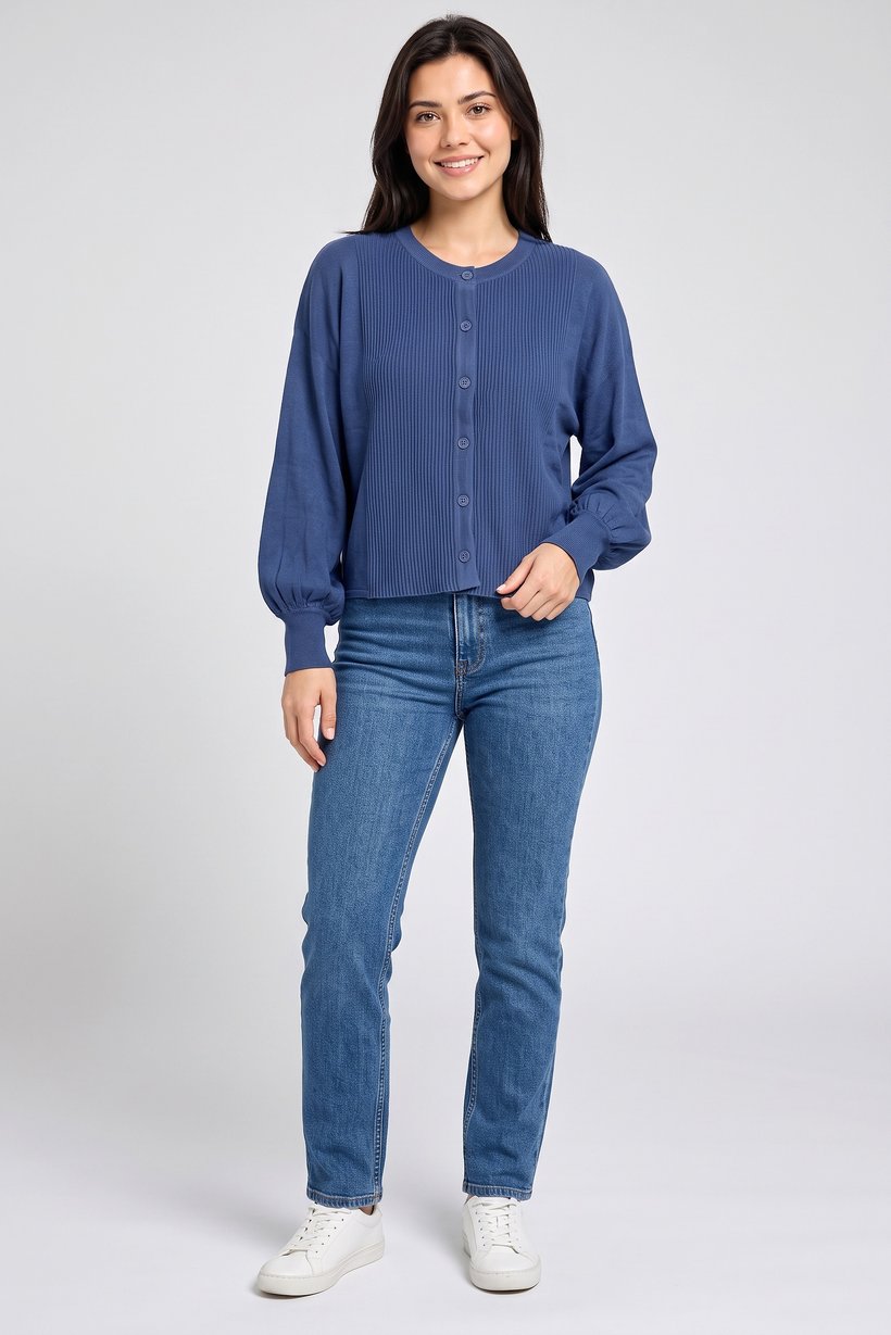 Women Crew-Neck Rib Knit Cardigan, Blue
