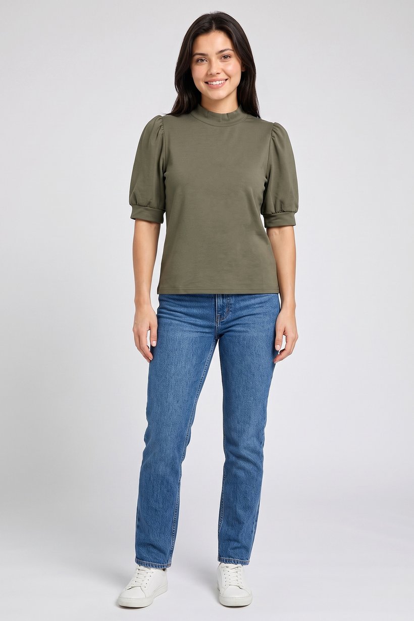 Women Mock Neck Short Sleeve Solid Top, Olive