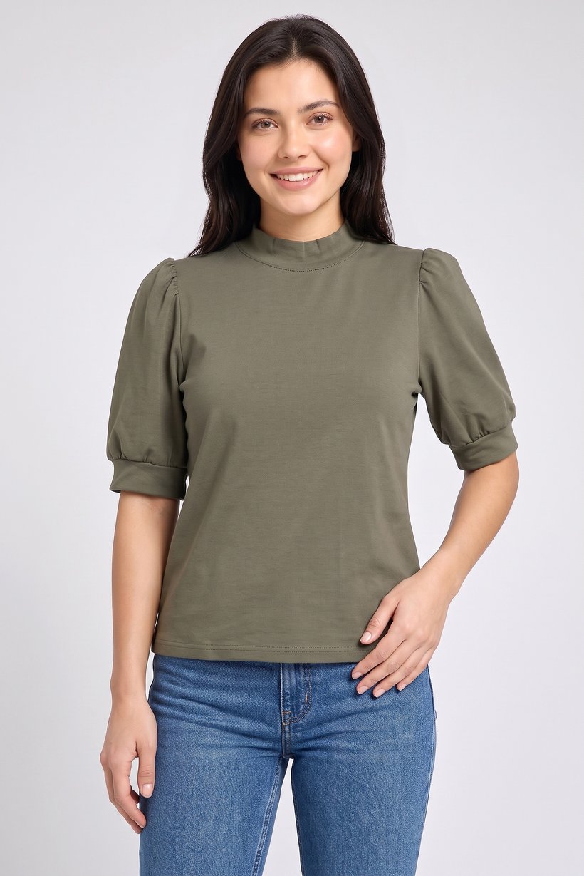 Women Mock Neck Short Sleeve Solid Top, Olive