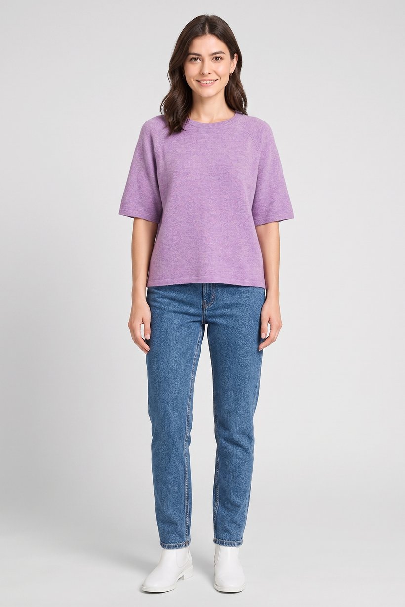Women Crew Neck 3/4 Sleeve Knitted Top, Lilac