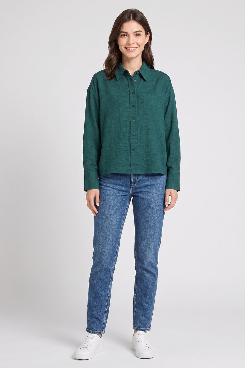 Women Regular Fit Plain Long Sleeve Shirt, Deep Green