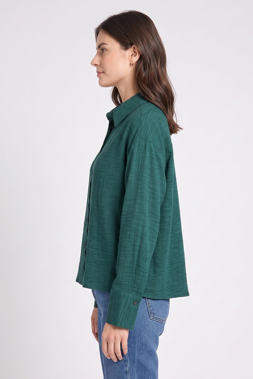 Women Regular Fit Plain Long Sleeve Shirt, Deep Green