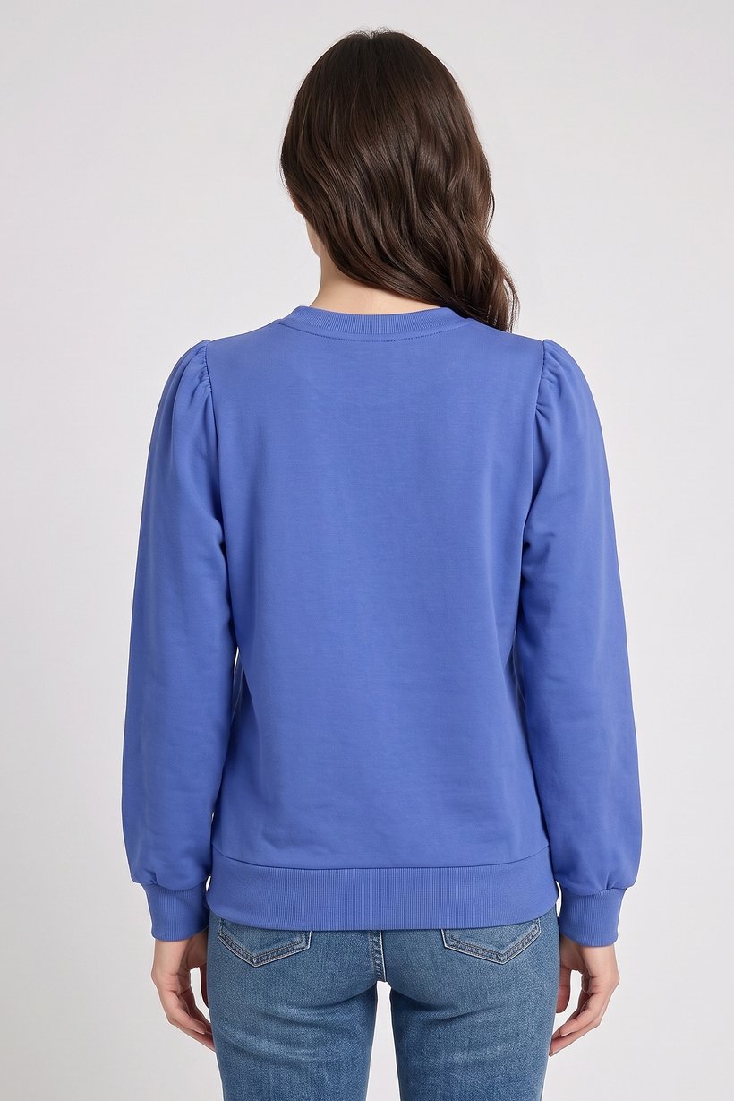 Women Crew Neck Puffed Sleeve Solid Blouse, Amparo Blue